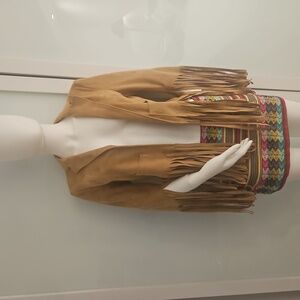 Vakko Tan Suede Blazer with Fringe Detail